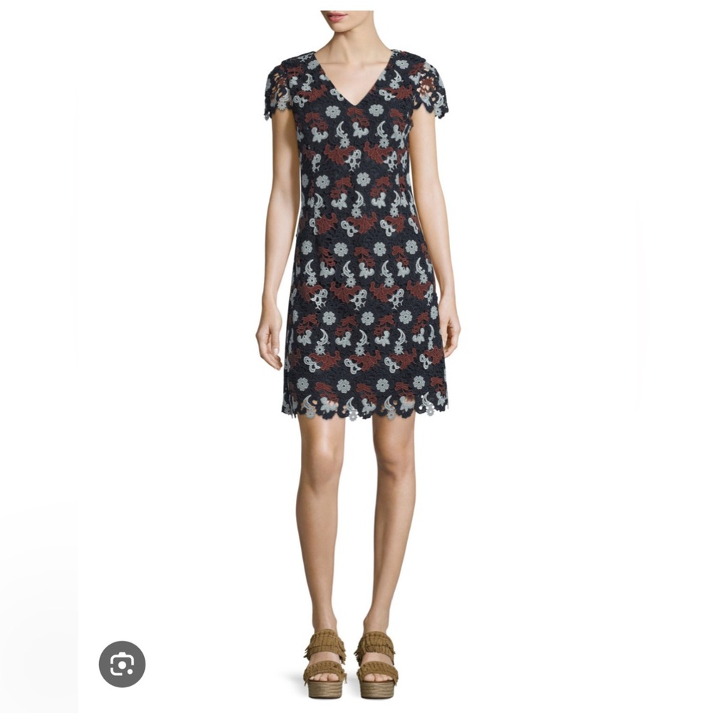 Tory Burch Cap-Sleeve Guipure Lace Sheath Dress, Navy/Silver Sage